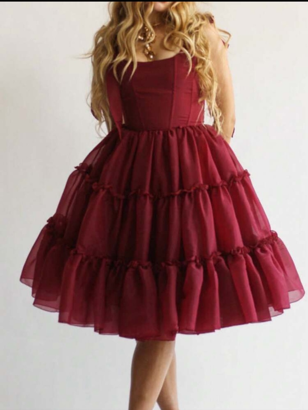 SHEIN Wine Red Tiered Midi Dress
